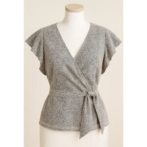 Banana Republic Double Wrap Blouse Women’s XL Gray Lace Overlay Short Sleeve